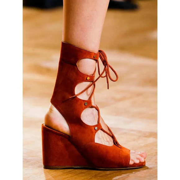 Chloe Rust Orange Suede Leather Lettonia Gladiator Wedge Sandals Size 38 - Picture 1 of 8